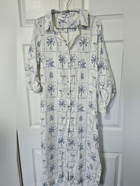 C&C California White Shirt Dress with Navy Palm & Flamingo Print